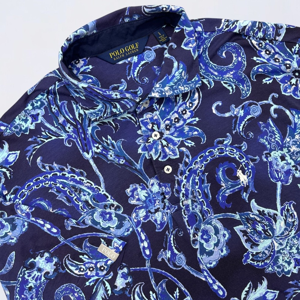 Polo Golf Ralph Lauren Shirt Men's Large Blue Floral Short Sleeve Polo *See Note